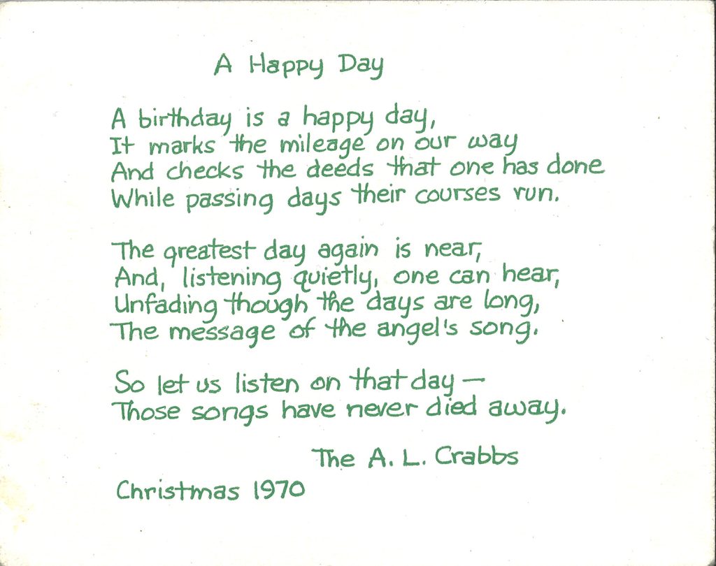 Color image. A Christmas note sent by the A. L. Crabbs family in 1970