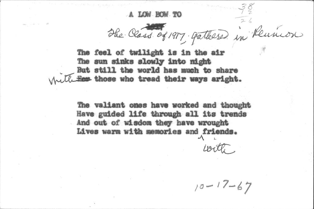 Black and white image. Poem titled "A Low Bow to The Class of 1917" by Alfred Leland Crabb, dated October 17, 1967