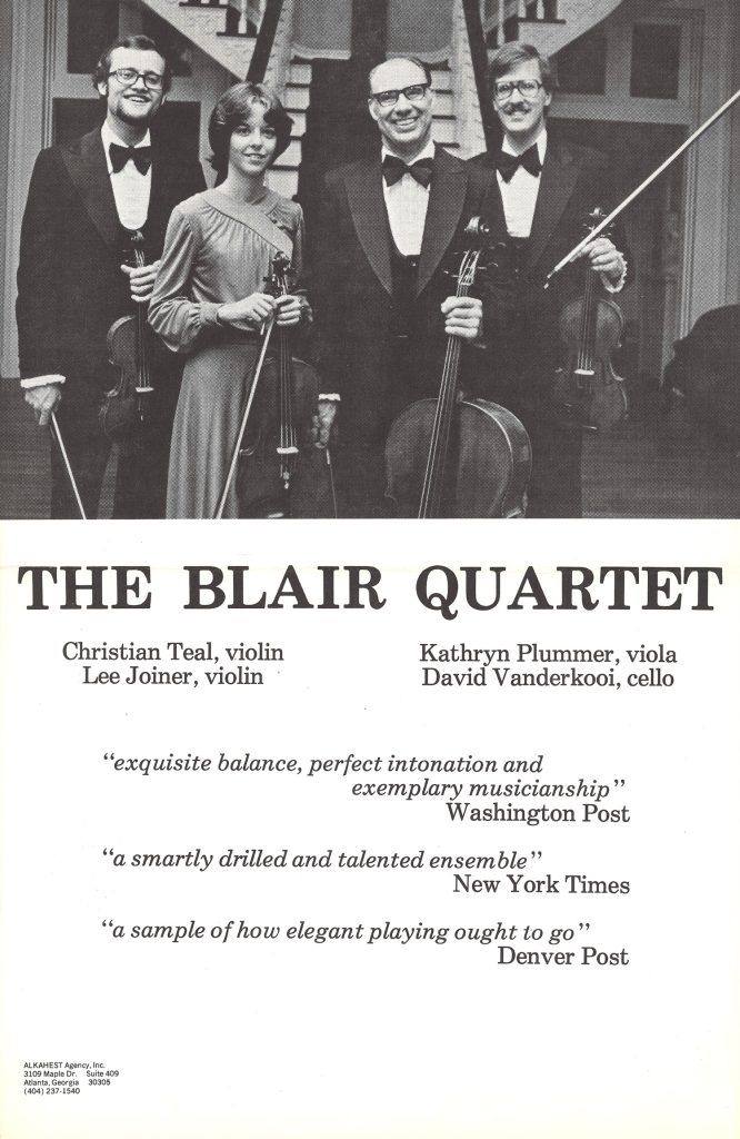 [Lee Joiner and Christian Teal, violins; Kathryn Plummer, viola; David Vanderkooi, cello]