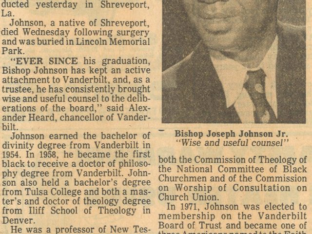 “Bishop Johnson’s Rites Conducted; VU 1st Black Grad”