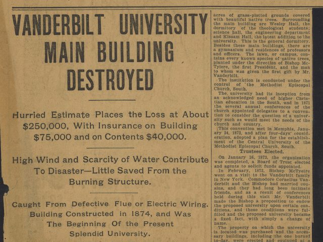 “Vanderbilt University Main Building Destroyed”