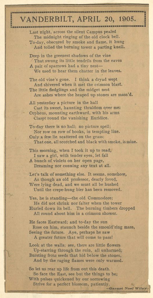 Newspaper clipping of poem about the College Hall Fire