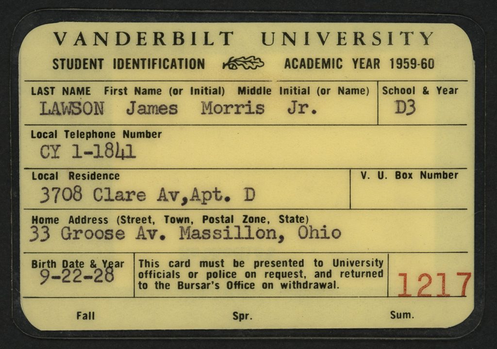 [James Lawson Student Identification Card]