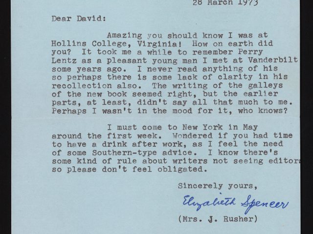 [Letter from Elizabeth Spencer to David McDowell]