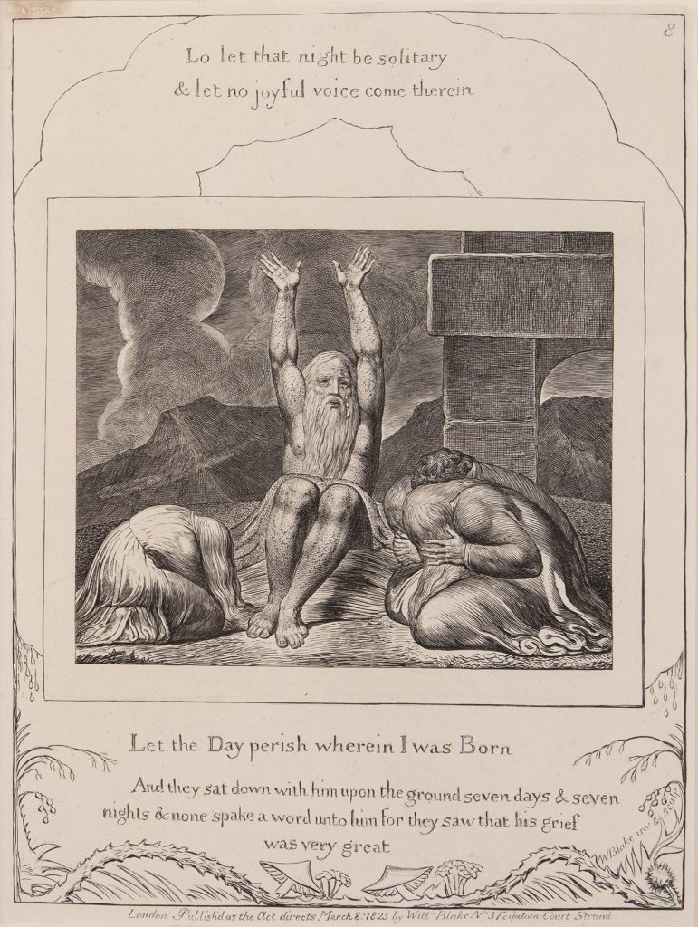 A seated, bearded man reaches to the sky as tears fall from his eyes. Four other figures kneel in prayer.