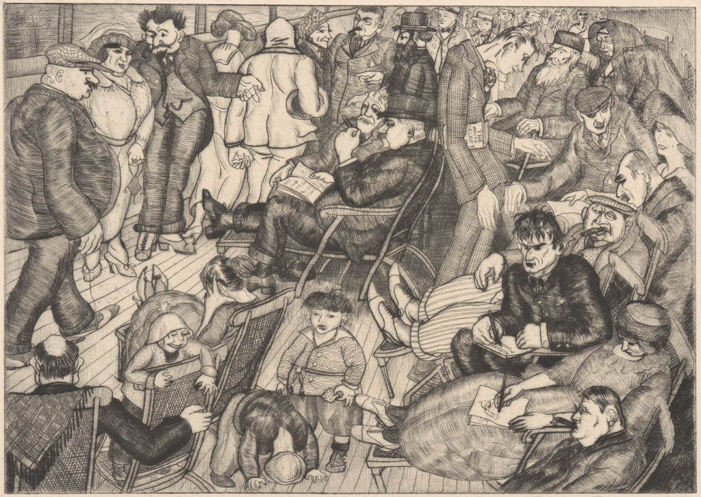 A mass of figures in fancy dress crowd together, standing or lounging on deck chairs.