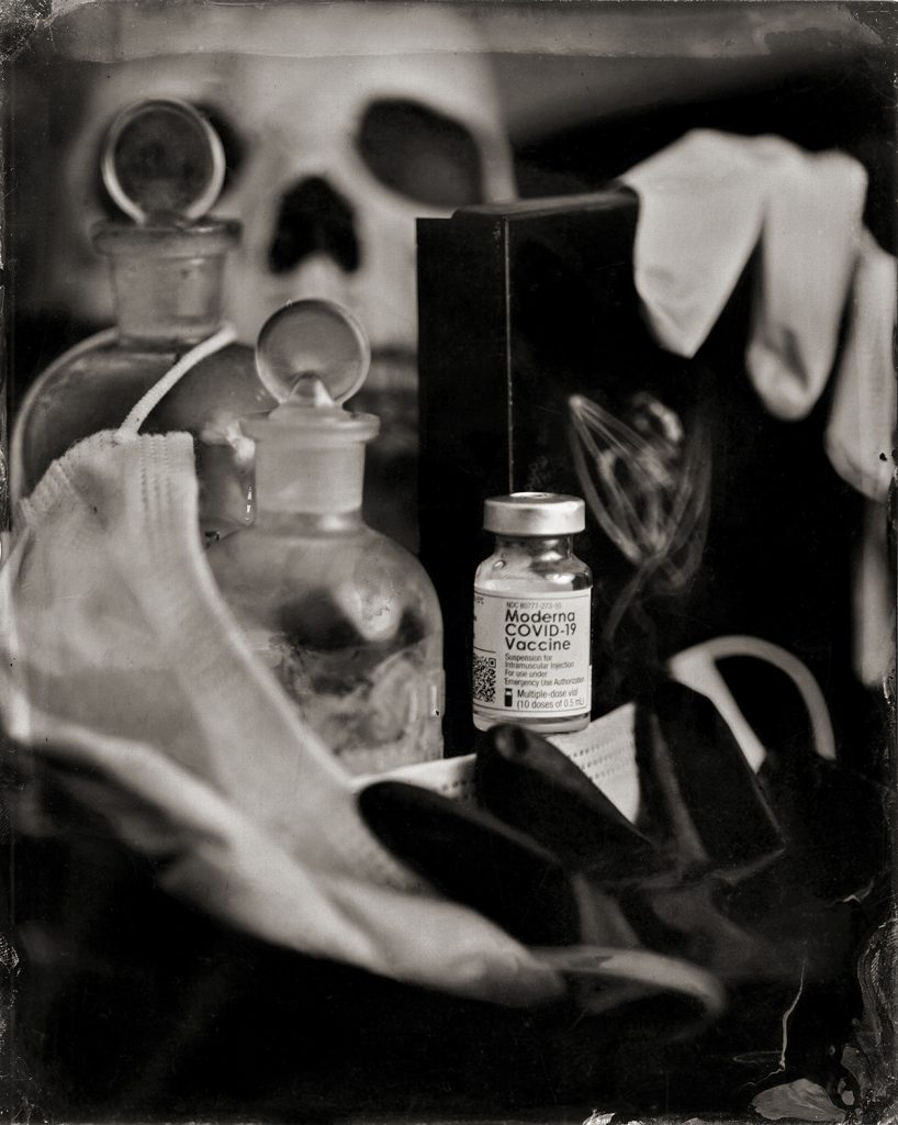Covid 19 Still Life 2021. Bill Steber. Carbon print from wet plate collodion ambrotype.
