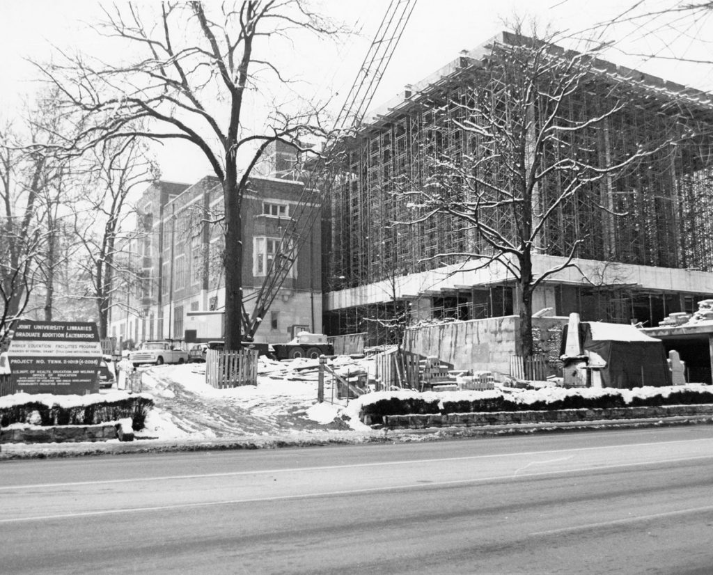[Construction of Central Library’s Flowers Wing Taken From 21st Avenue So.] Black and white photograph