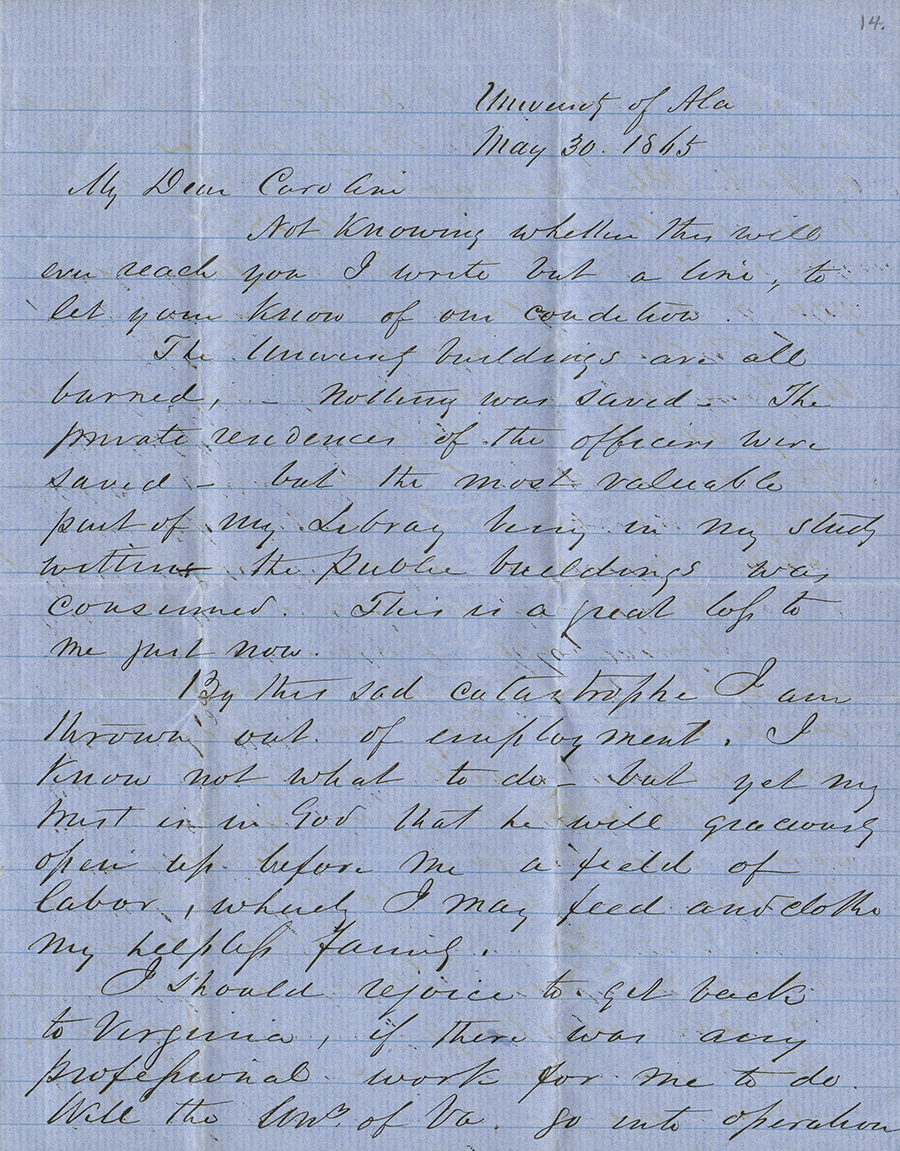 Letter from Chancellor Landon C. Garland to his sister Caroline, May 1865
