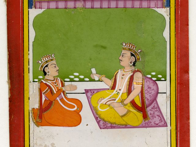 Veda Vyasa Ji (right), an ancient sage, telling a story