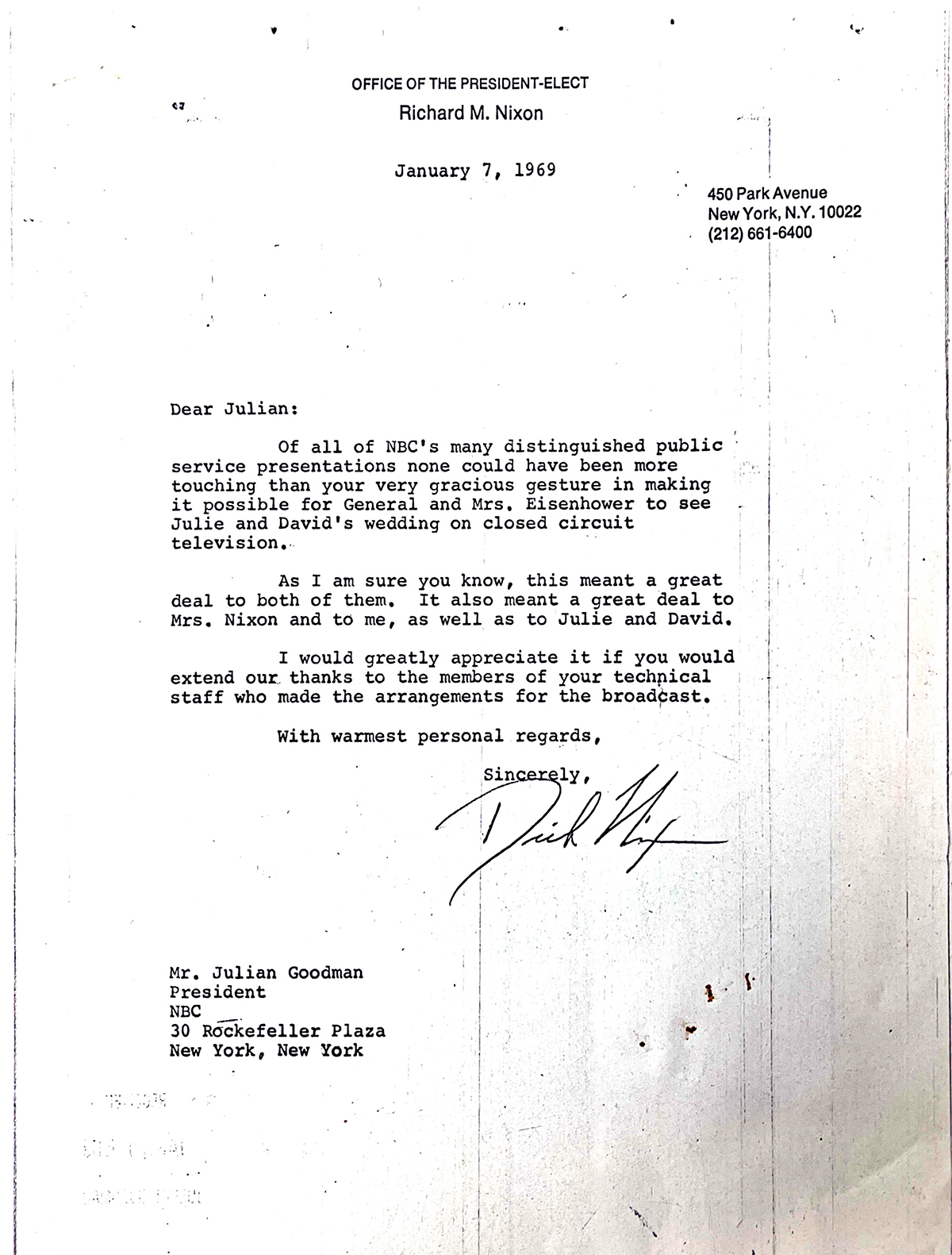 Letter from President-Elect Nixon to Julian Goodman