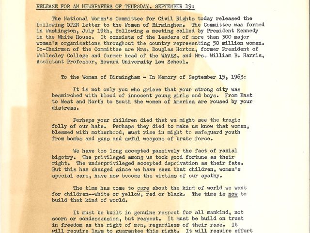 [National Women’s Committee for Civil Rights Appeal to Women of Birmingham after 16th Baptist Church Bombing]