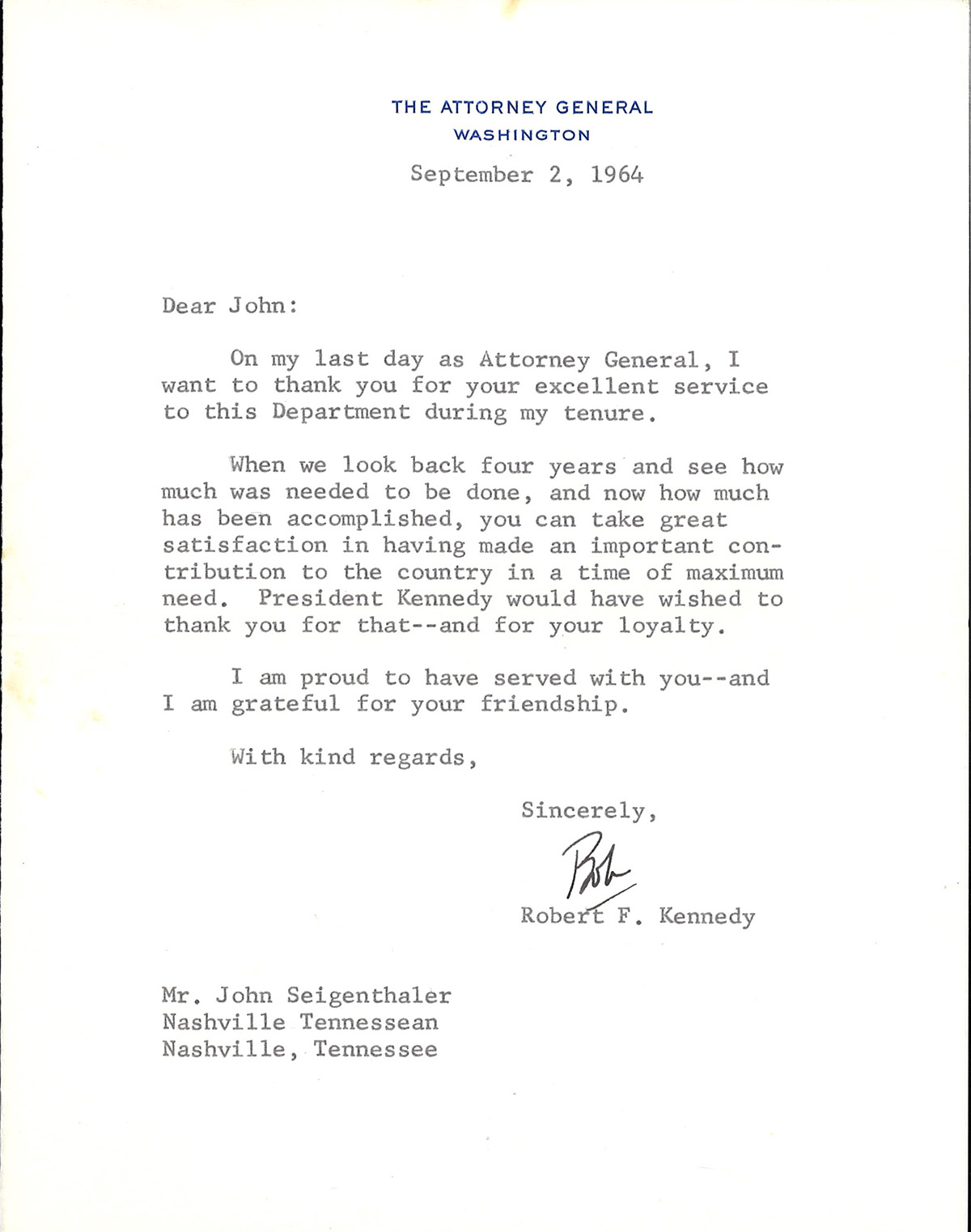 [Correspondence from Attorney General Robert Kennedy to John Seigenthaler]