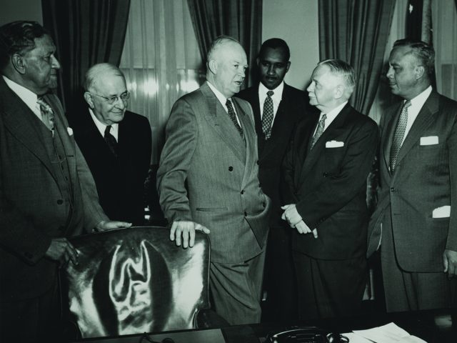 [President Eisenhower Meeting with NAACP Leaders Walter White (at right) and Clarence Mitchell (behind Eisenhower) at the White House]